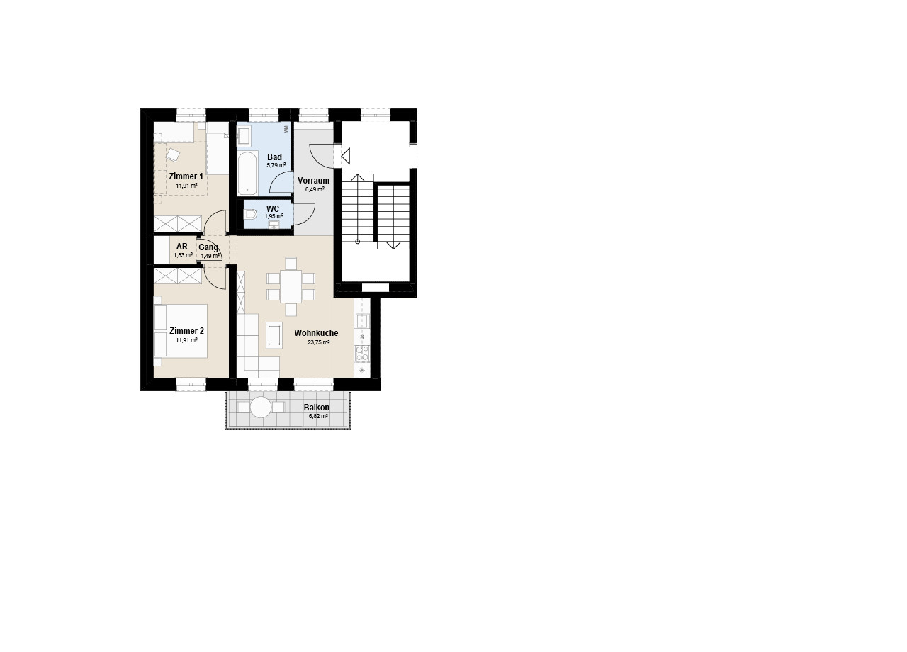 Grundriss Stiege 3 Top 3 der Mietwohnungen von Grünspecht