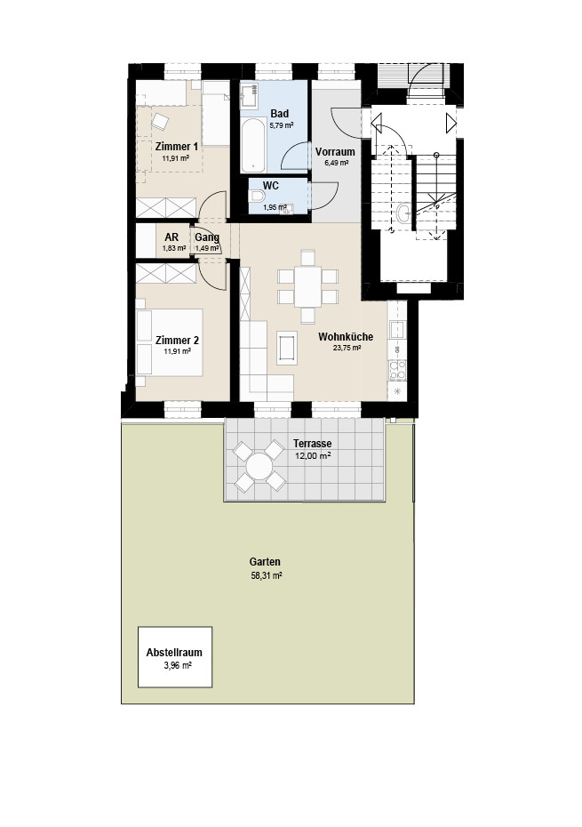 Grundriss Stiege 2 Top 1 der Mietwohnungen Grünspecht