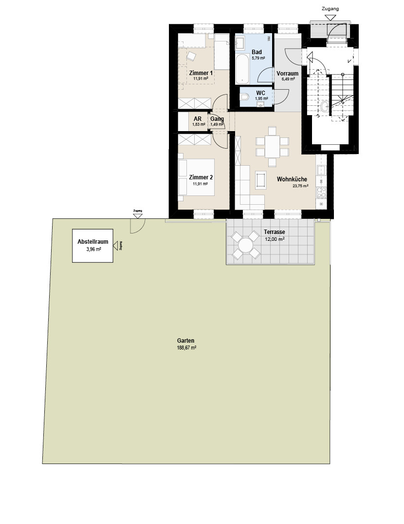 Grundriss Stiege 3 Top 1 der Mietwohnungen von Grünspecht