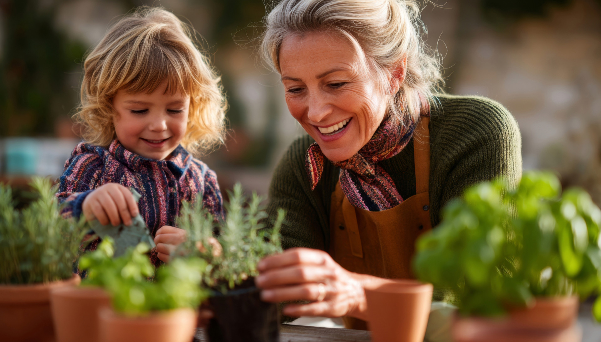 Mutter mit Tochter mit Kräutern