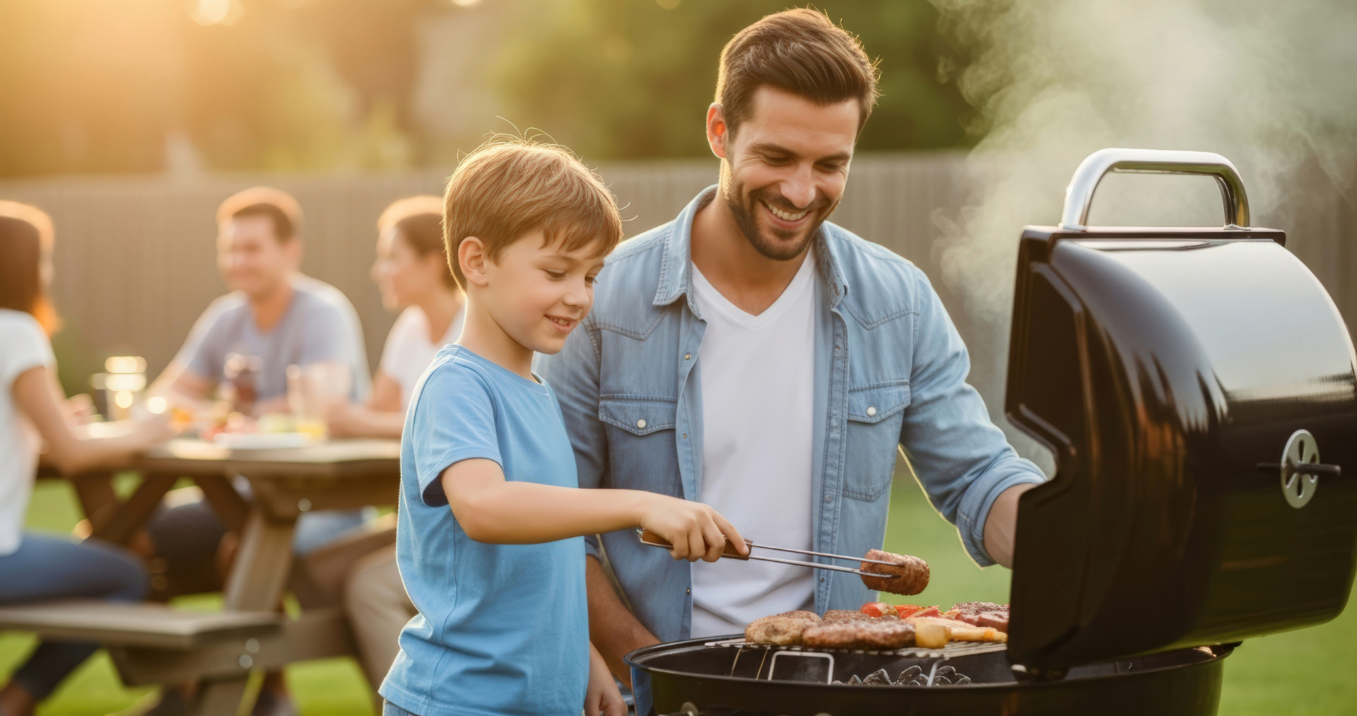 Vater und Sohn beim Grillen in der Gartenwohnung